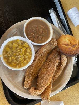 Fried Fish Meal Two. Pinto Beans. Corn. Corn Bread