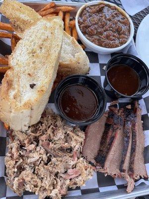 Pulled pork. Brisket. Baked beans. Sweet potato fries.