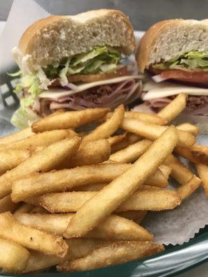 Get you lunch here .  Club deluxe with French fries and medium fountain drink .