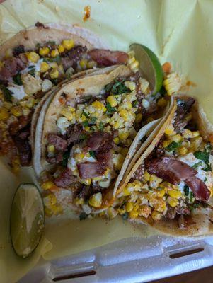 Steak and corn tacos