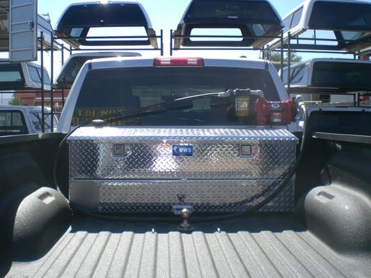 UWS Aluminum Fuel Tank Tool Box Combo with Fill-Rite12V Fuel Transfer Pump, and Goose Neck Hitch over Line-X spray on bed liner.