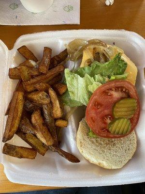 Cheeseburger and home fries