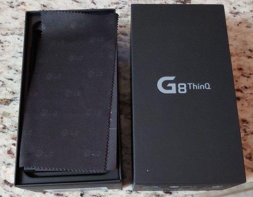 LG G8 ThinQ cell phone box and accompanying microfiber cloth