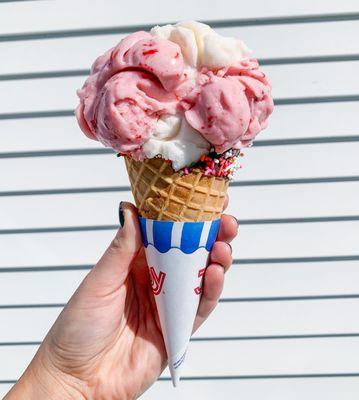 Dairy-Free Coconut and Strawberry (Made with coconut milk) on a waffle cone