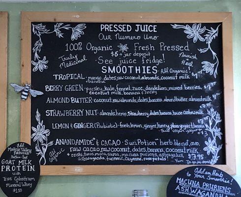 Smoothie and pressed juice menu