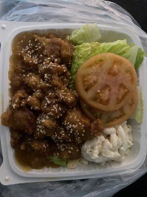 Orange chicken with tossed salad  & mac salad