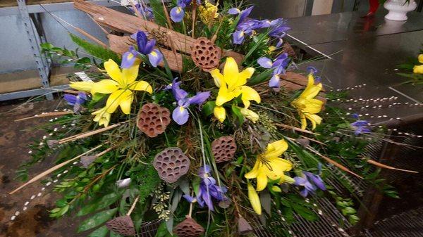 casket cover of beautiful Louisiana irises