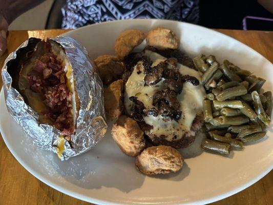 Steak with cheese & mushrooms, fried mushrooms, string beans & loaded baked potato