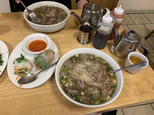 Spring rolls and 2 Large Pho Beef Noodle Soups