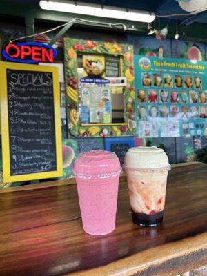 Left - Their daily special mixed with strawberry, pitaya and mango   Right - Lava Flow