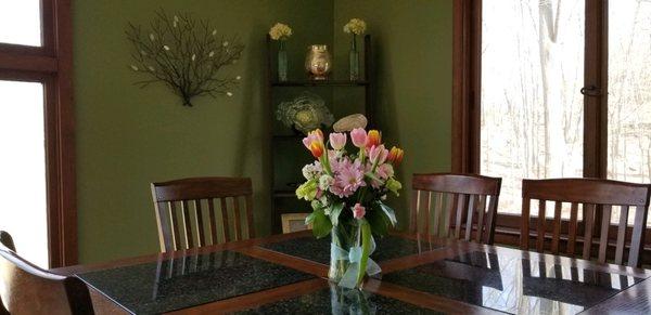 Flowers in a guests home after the celebration.