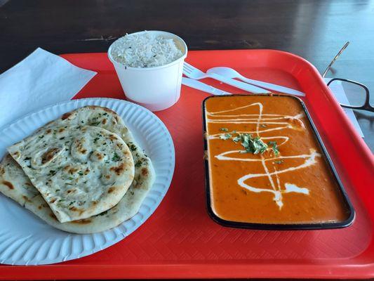 Chicken Tikka Masala with rice and garlic nann.