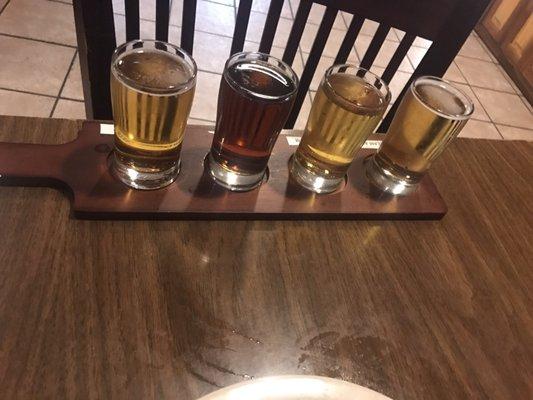 Flight of Shiner beer(. Strawberry Blonde, Bock, Homespun Cream Ale, Shiner Premium)