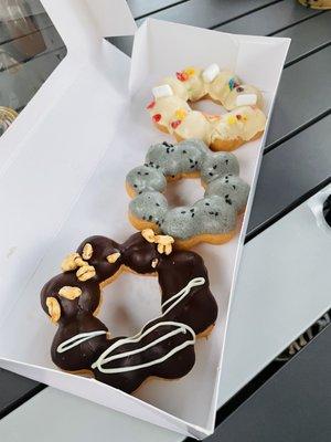 Chocolate, black sesame, and yuzu donuts