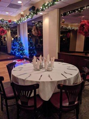 Party room seating and a festive Christmas tree