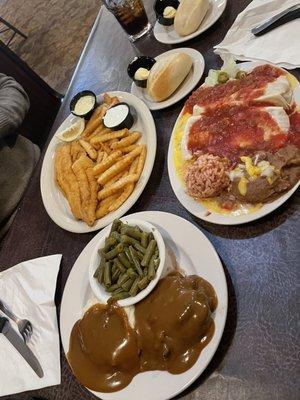 Hamburger Steak, chicken burrito and fried fish!