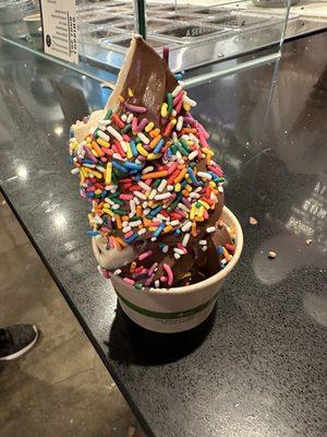 Vegan soft serve with rainbow sprinkles