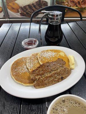 Strawberry pancakes with turkey sausage