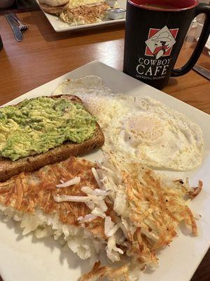 Avocado toast with eggs and hash browns