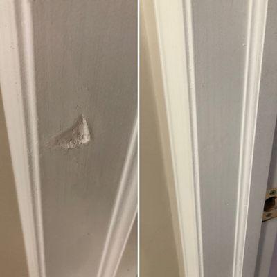 Before and after of a small ding on our door frame.