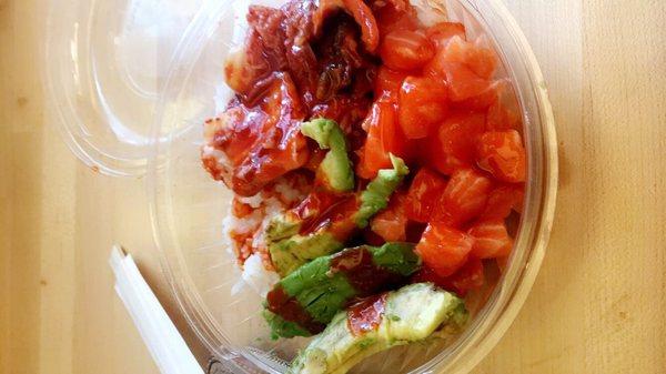 Spicy salmon bowl with avocado and Kimchee