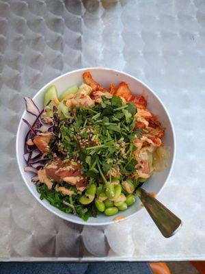 BYO Bowl with tuna, salmon, and tons of goodies over lettuce