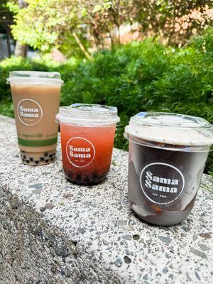 Original Milk Tea with Boba ($9.50), Strawberry Green Tea with Boba ($7.00), Leche Flan Milk Tea with Cracking Chocolate ($8.50)