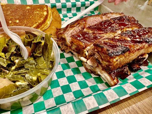 Smoked St. Louis Ribs collard greens and corn bread