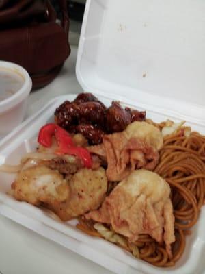 Lunch time... lomien + fish + general tsaos + crab puff