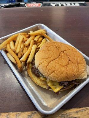 The single patty burger and fries