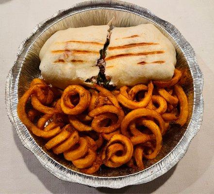 Greek London Broil Wrap with curly fries