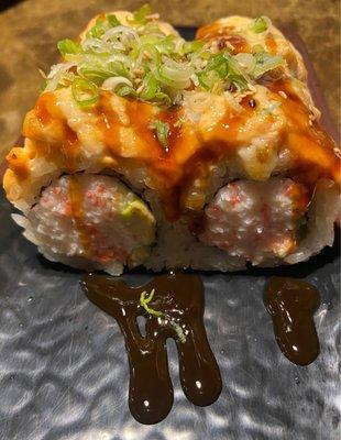 Pink Lady Roll: Baked Spicy Salmon on top of CA Roll *hh