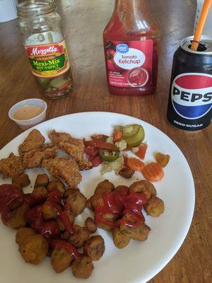 Leftover fried gator bites with fried okra and some extras the next day.