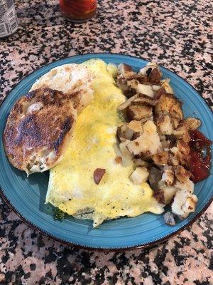 Omelet with home fries and English muffin