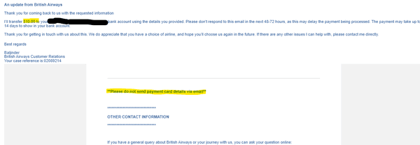 email saying they'll refund $10 for a $70 baggage fee back to a bank account and disclaimer not to send bank info.