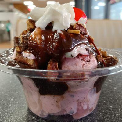 Hot fudge sundae with cherry chocolate chip ice cream. Perfect. But the price has gone up from under $2 to $2.50, sadly.