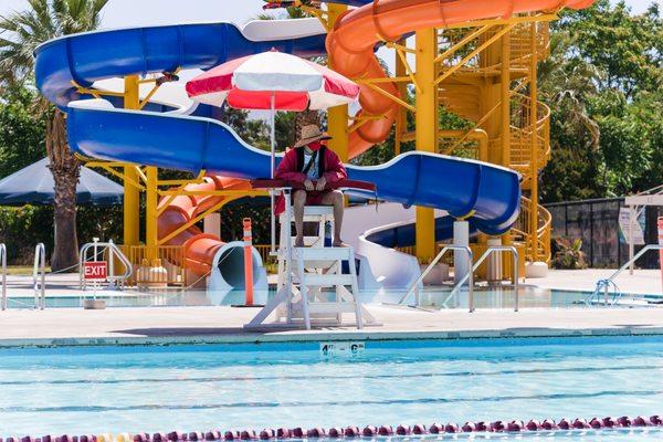 Two large water slides at the Morgan Hill Aquatics Center.