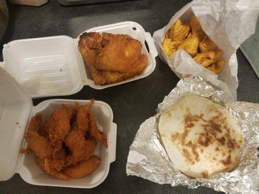 Half fried chicken, Fried baby shrimps, Fried pork wonton and Quesadilla