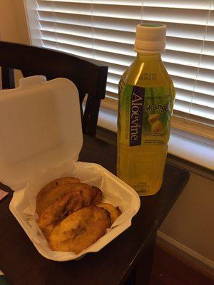 Side of plantains and a fabulous mango drink with pieces of mangos inside.