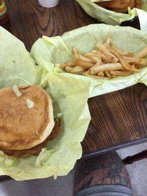 Toms chicken fried steak sandwich combo w fries. Very yummy.