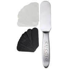 Cuccio stainless steel pedicure files with disposable abrasive paper strips are sanitized to ensure client safety.