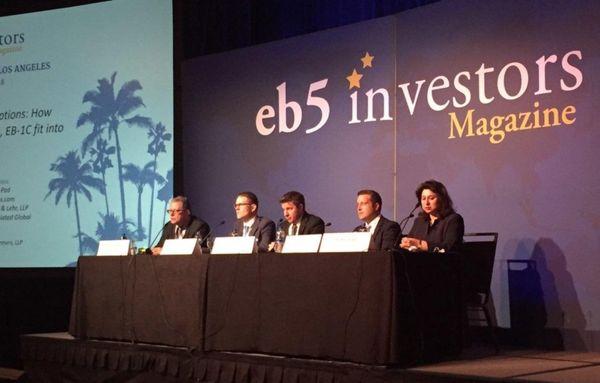 Masterplans' VP of Immigration William Dean (second from left) speaks on a panel at the July 2018 EB-5 conference in L.A.