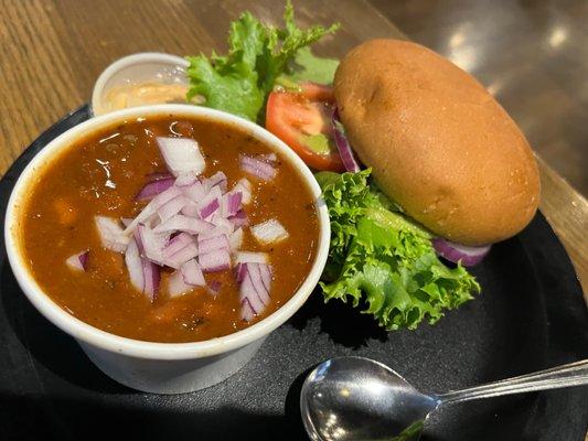 Vegan chili and Negan burger