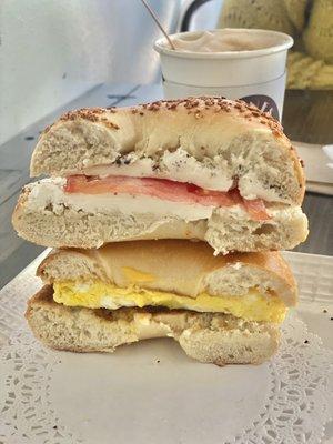 Cream cheese & tomato garlic bagel (top) Egg & cheese plain bagel (bottom)