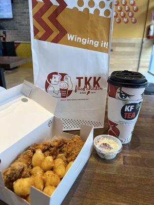 TKK 6 piece wings combo with crunchy cheese curds, mini Cole slaw and Kung Fu Tea Hot Honey drink