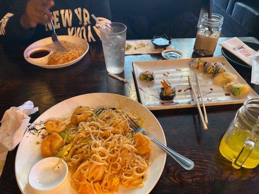 Shrimp Pad Thai and sushi