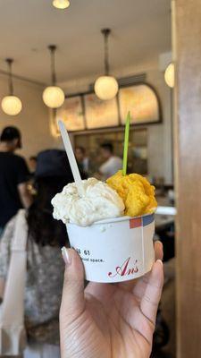 small ice cream with straw hat (mango and passion fruit sorbet) and tweed (tres leches)