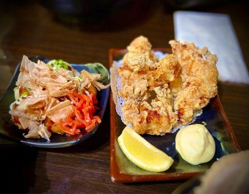 Karaage on the right, takoyaki on the left.