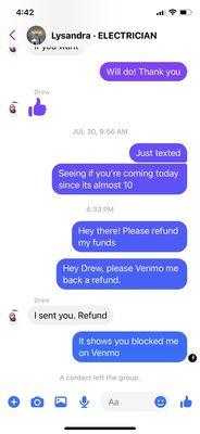 Where he left the conversation after I noticed he blocked me on Venmo.