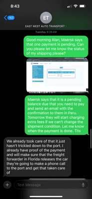 UNABLE TO SOLVE LITTLE ISSUES. MAERSK SAYS THAT THEY OWED MONEY. MR. ALAN PERRY UNABLE TO SHOW PROOF OF PAYMENT TO THEM. THEN MY CAR STUCK!